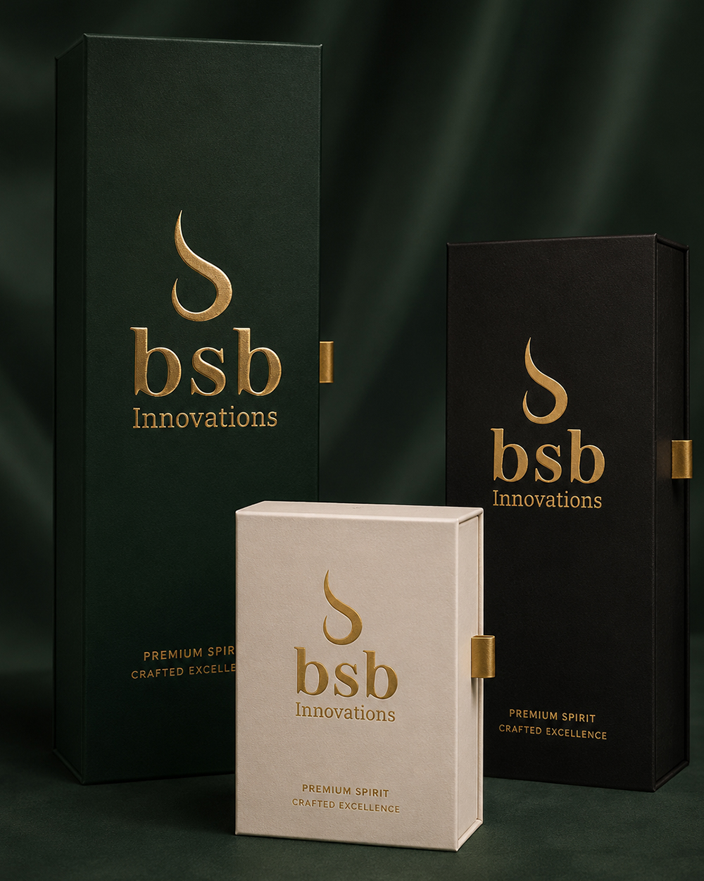 Premium spirit launch — rigid magnetic box with gold foil by BSB Innovations